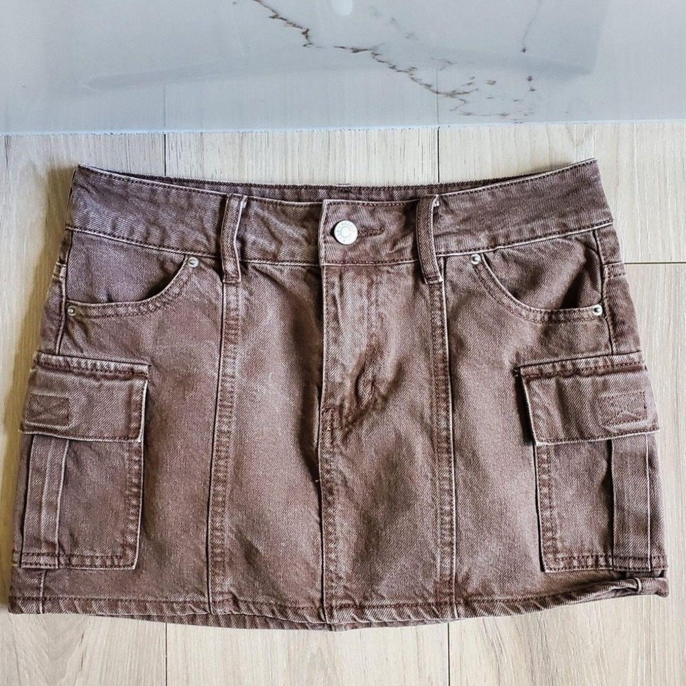 PacSun Skirt Womens 24 Brown Denim Cargo Pockets Micro Mini Summer Utility